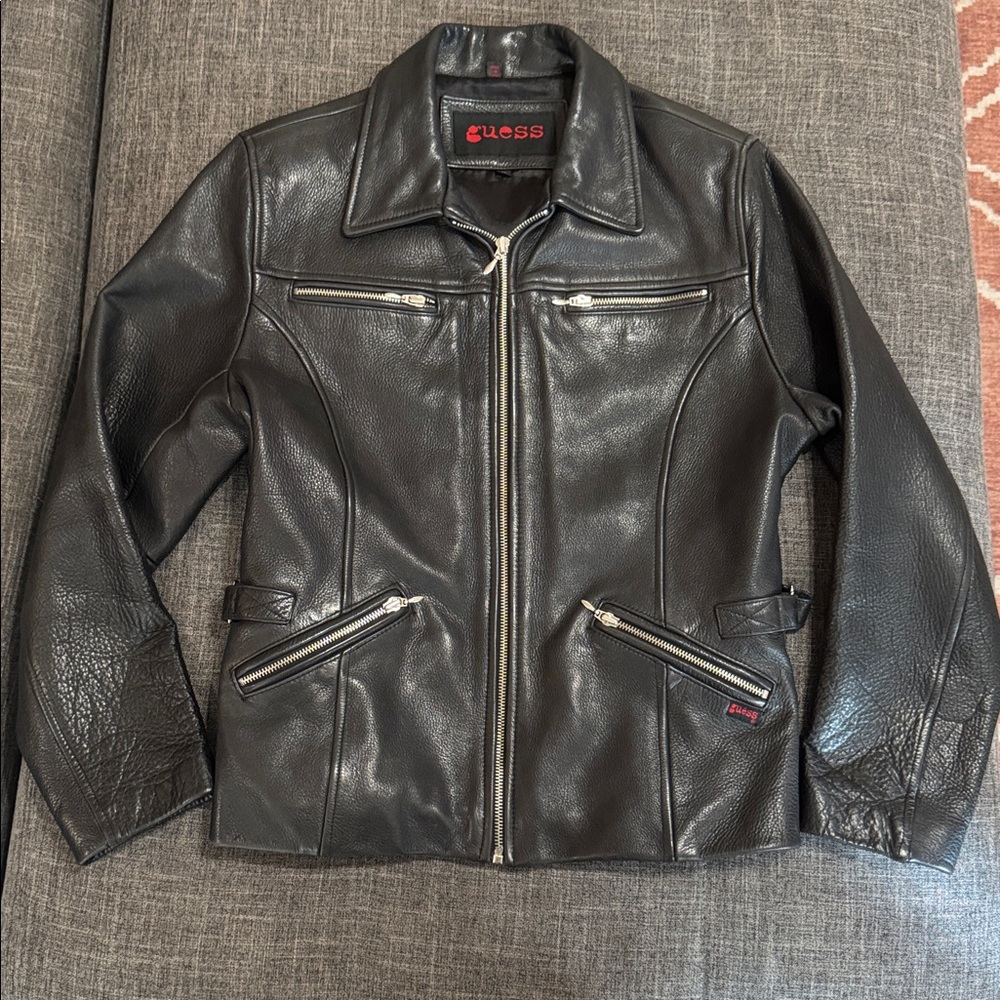 Vintage GUESS Genuine Leather Jacket Black Moto Y2K Women’s M